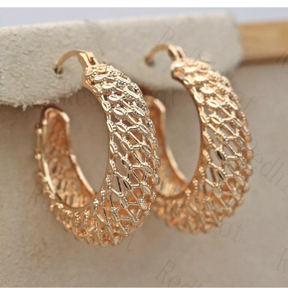 Gold Filled Earrings Hollow Reticulation Dangle - Picture 2 of 5